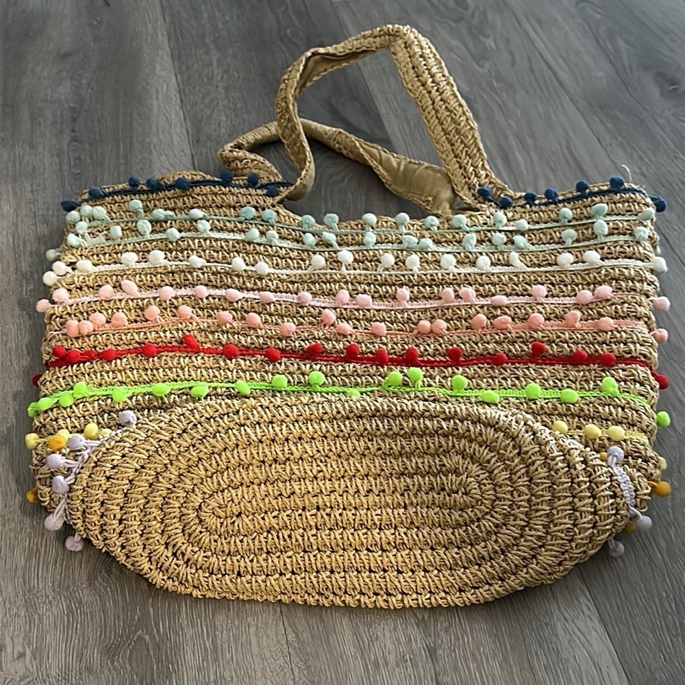Pom Pom Tote Bag Women’s Beach Summer Vacation - Picture 10 of 11